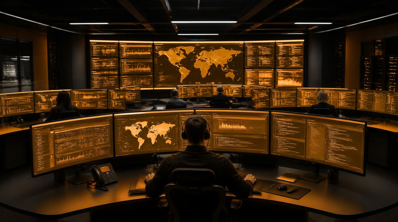 A futuristic IT operations center with curved monitors showing dashboards, maps, and code