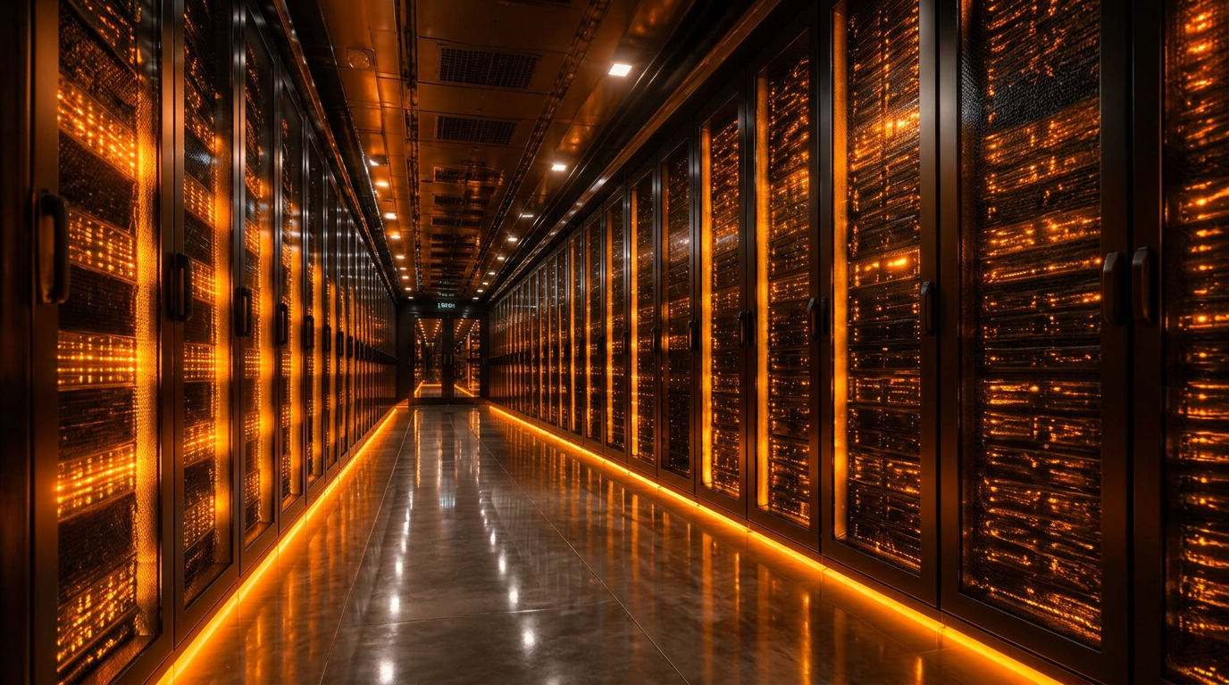 A dark datacenter with glowing server racks and high-performance IT infrastructure