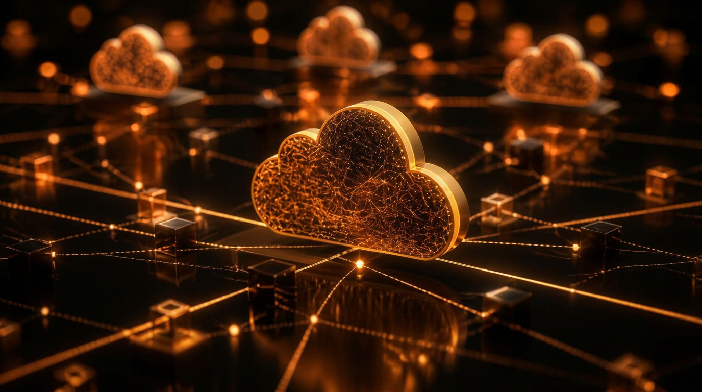 Abstract cloud network connected to secure servers and data nodes glowing in deep blue